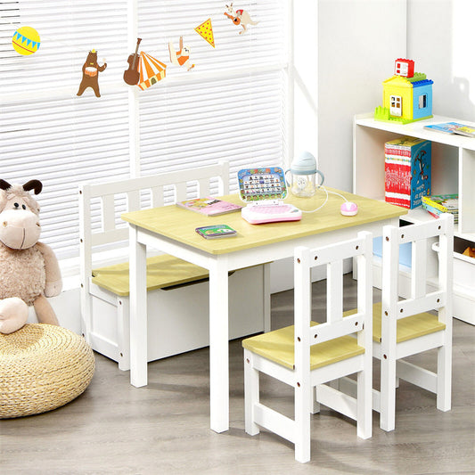 2-in-1 Kids Table & Chair Set, Wood Activity Table with Toy Storage Bench & 2 Chairs for Reading, Crafts, Playroom, Toddler Table and Chairs
