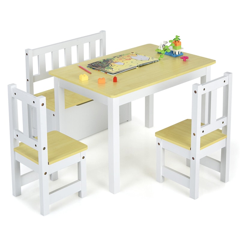 2-in-1 Kids Table & Chair Set, Wood Activity Table with Toy Storage Bench & 2 Chairs for Reading, Crafts, Playroom, Toddler Table and Chairs