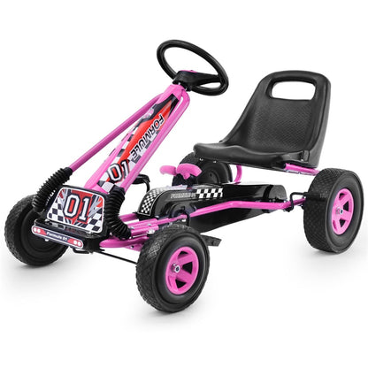Kids Pedal Go Kart, 4-Wheel Off-Road Pedal Go Cart with Adjustable Seat, Safety Brakes, Steering Wheel, Racer Ride-On Pedal Car for Boys & Girls