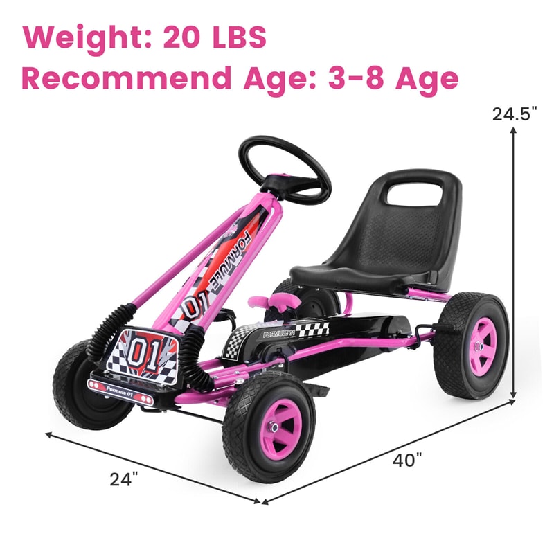Kids Pedal Go Kart, 4-Wheel Off-Road Pedal Go Cart with Adjustable Seat, Safety Brakes, Steering Wheel, Racer Ride-On Pedal Car for Boys & Girls