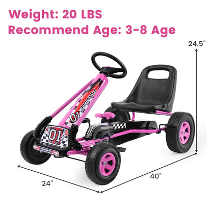Kids Pedal Go Kart, 4-Wheel Off-Road Pedal Go Cart with Adjustable Seat, Safety Brakes, Steering Wheel, Racer Ride-On Pedal Car for Boys & Girls