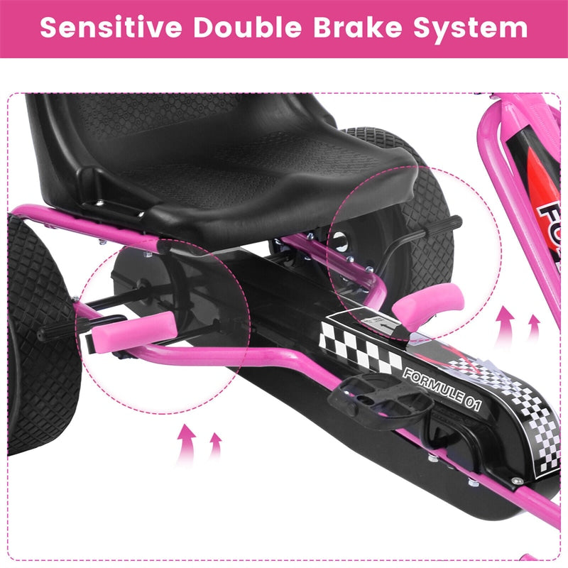 Kids Pedal Go Kart, 4-Wheel Off-Road Pedal Go Cart with Adjustable Seat, Safety Brakes, Steering Wheel, Racer Ride-On Pedal Car for Boys & Girls