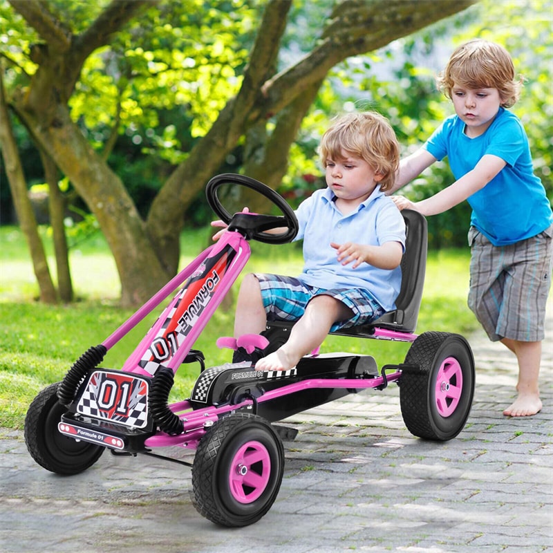 Kids Pedal Go Kart, 4-Wheel Off-Road Pedal Go Cart with Adjustable Seat, Safety Brakes, Steering Wheel, Racer Ride-On Pedal Car for Boys & Girls