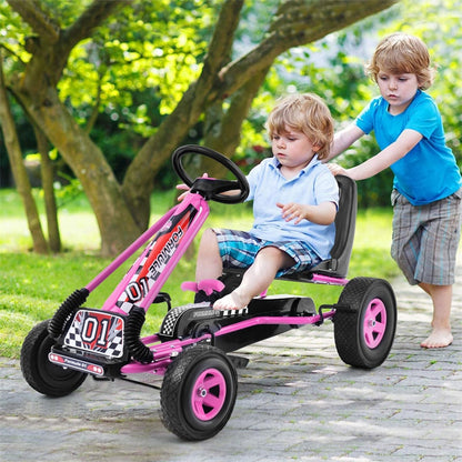 Kids Pedal Go Kart, 4-Wheel Off-Road Pedal Go Cart with Adjustable Seat, Safety Brakes, Steering Wheel, Racer Ride-On Pedal Car for Boys & Girls