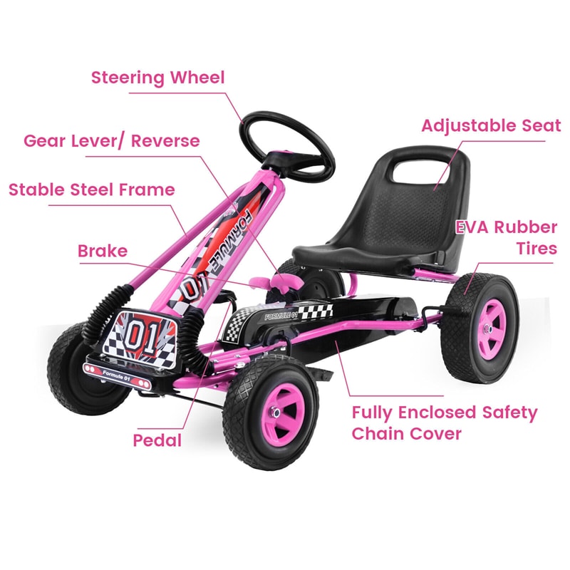 Kids Pedal Go Kart, 4-Wheel Off-Road Pedal Go Cart with Adjustable Seat, Safety Brakes, Steering Wheel, Racer Ride-On Pedal Car for Boys & Girls