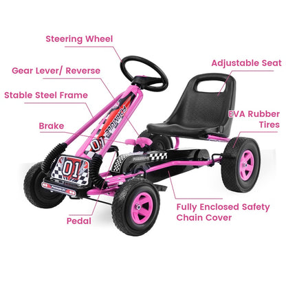 Kids Pedal Go Kart, 4-Wheel Off-Road Pedal Go Cart with Adjustable Seat, Safety Brakes, Steering Wheel, Racer Ride-On Pedal Car for Boys & Girls