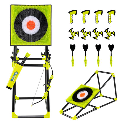 4-in-1 Kids Throwing Target Set with Dartboard, Throwing Axes, Ninja Darts & Bow/Arrows for Indoor Outdoor Carnival Game & Birthday Gifts