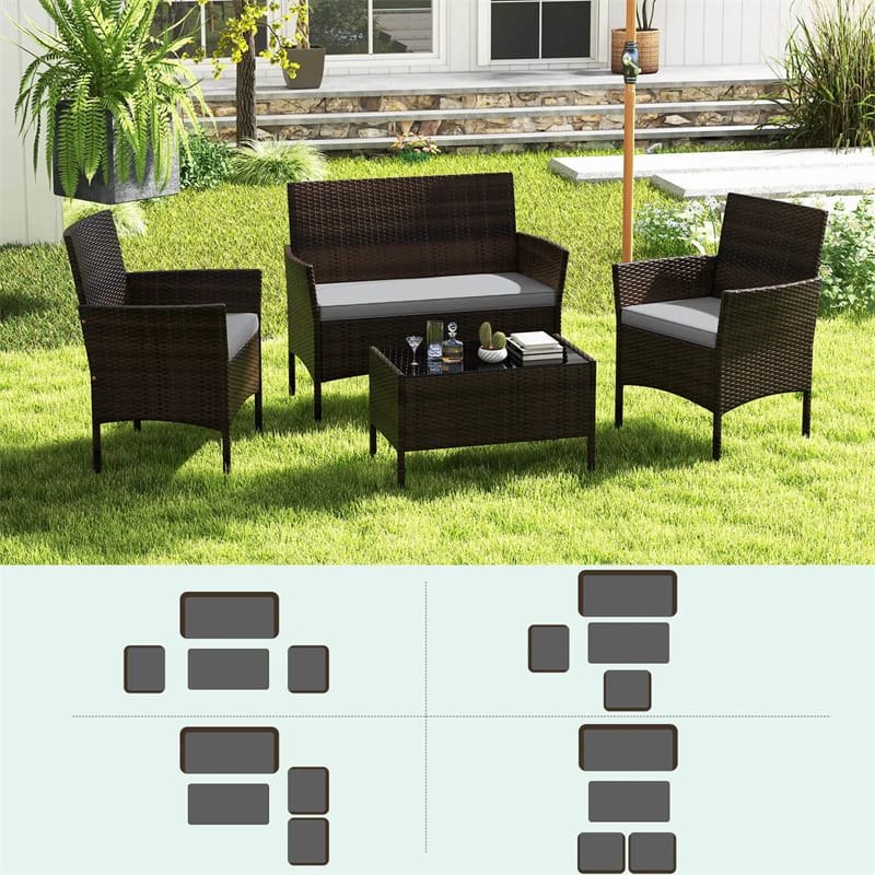4PCS Patio Rattan Conversation Set Outdoor Garden Wicker Furniture Set with Loveseat Chair, Tempered Glass Coffee Table & Cushions