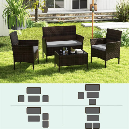 4PCS Patio Rattan Conversation Set Outdoor Garden Wicker Furniture Set with Loveseat Chair, Tempered Glass Coffee Table & Cushions