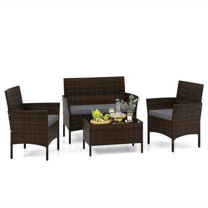 4PCS Patio Rattan Conversation Set Outdoor Garden Wicker Furniture Set with Loveseat Chair, Tempered Glass Coffee Table & Cushions