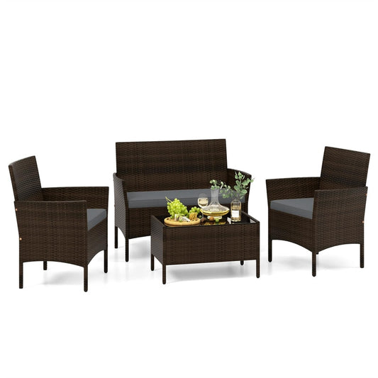 4PCS Patio Rattan Conversation Set Outdoor Garden Wicker Furniture Set with Loveseat Chair, Tempered Glass Coffee Table & Cushions