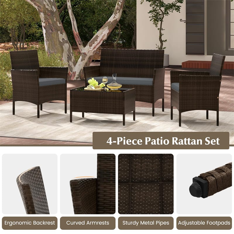 4PCS Patio Rattan Conversation Set Outdoor Garden Wicker Furniture Set with Loveseat Chair, Tempered Glass Coffee Table & Cushions