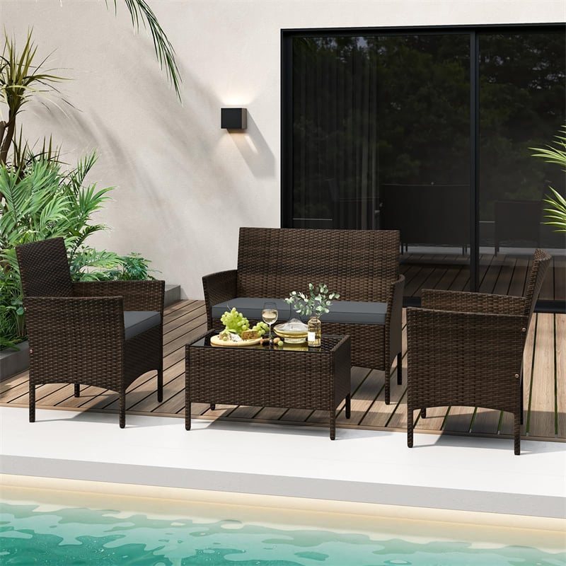 4PCS Patio Rattan Conversation Set Outdoor Garden Wicker Furniture Set with Loveseat Chair, Tempered Glass Coffee Table & Cushions