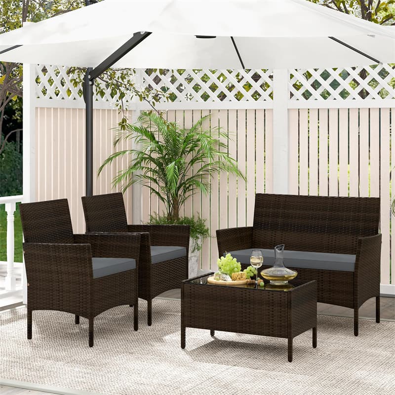 4PCS Patio Rattan Conversation Set Outdoor Garden Wicker Furniture Set with Loveseat Chair, Tempered Glass Coffee Table & Cushions