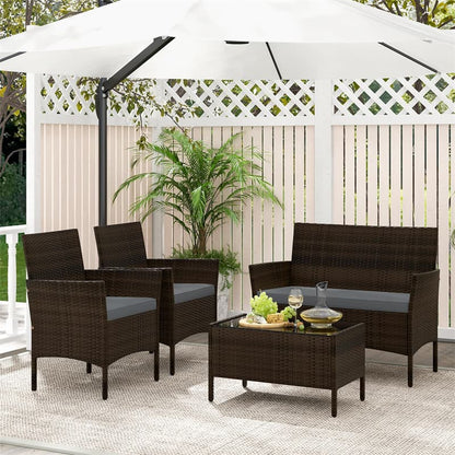 4PCS Patio Rattan Conversation Set Outdoor Garden Wicker Furniture Set with Loveseat Chair, Tempered Glass Coffee Table & Cushions