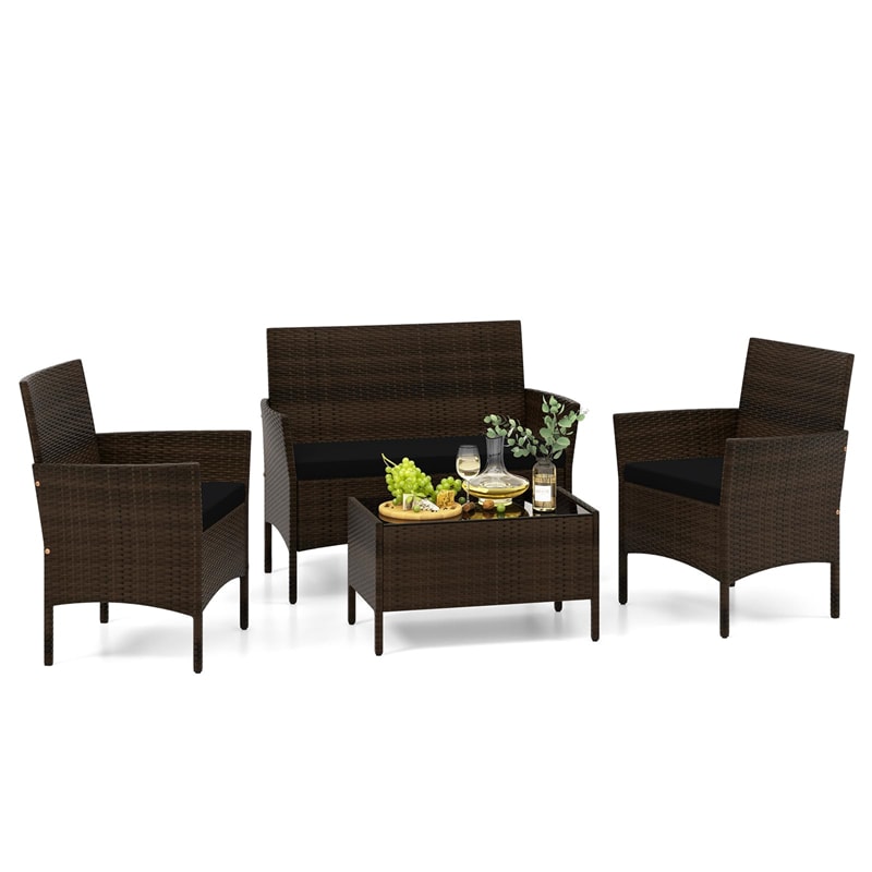 4PCS Patio Rattan Conversation Set Outdoor Garden Wicker Furniture Set with Loveseat Chair, Tempered Glass Coffee Table & Cushions