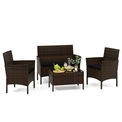 4PCS Patio Rattan Conversation Set Outdoor Garden Wicker Furniture Set with Loveseat Chair, Tempered Glass Coffee Table & Cushions