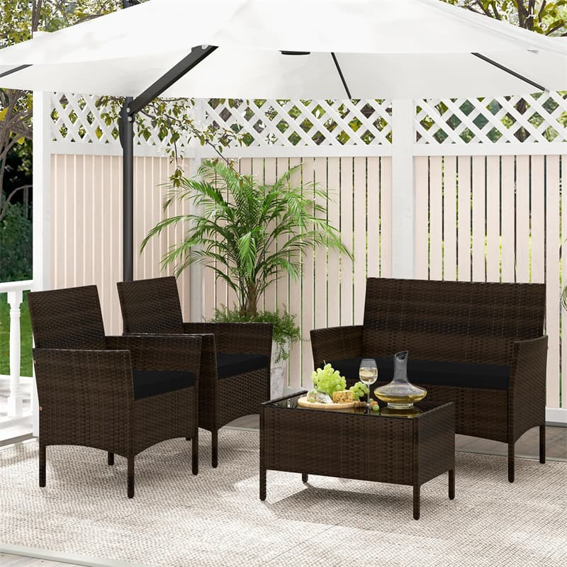 4PCS Patio Rattan Conversation Set Outdoor Garden Wicker Furniture Set with Loveseat Chair, Tempered Glass Coffee Table & Cushions