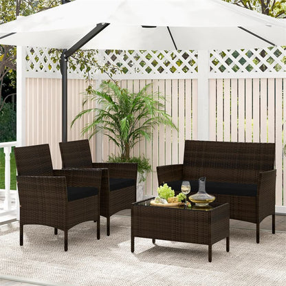 4PCS Patio Rattan Conversation Set Outdoor Garden Wicker Furniture Set with Loveseat Chair, Tempered Glass Coffee Table & Cushions