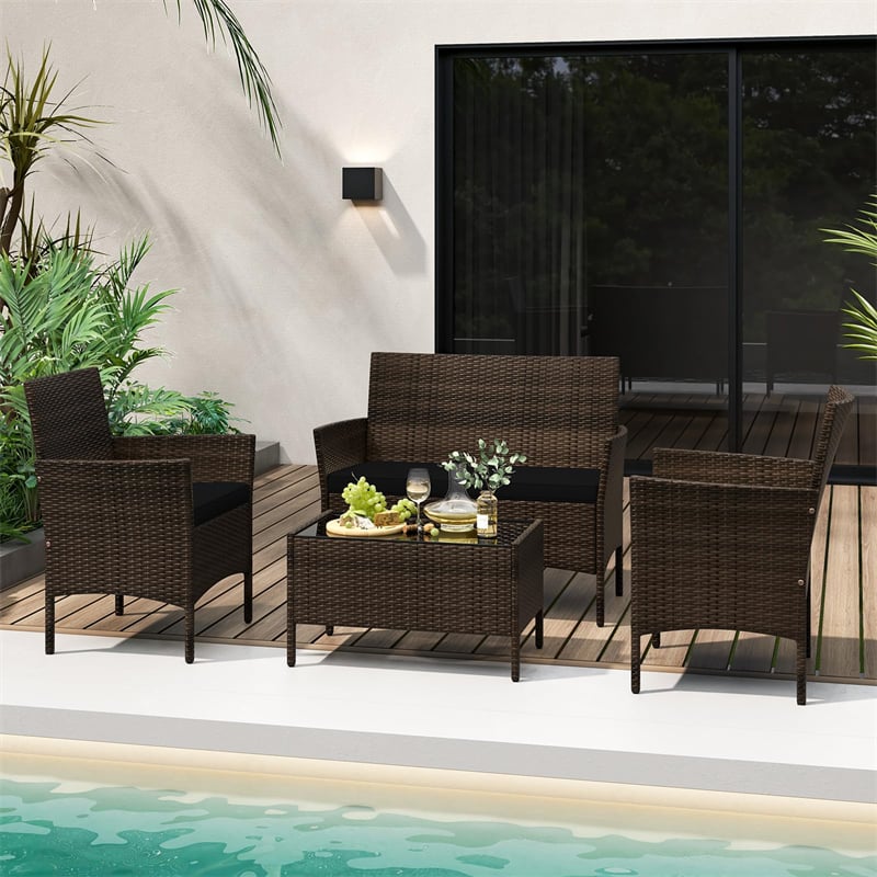 4PCS Patio Rattan Conversation Set Outdoor Garden Wicker Furniture Set with Loveseat Chair, Tempered Glass Coffee Table & Cushions