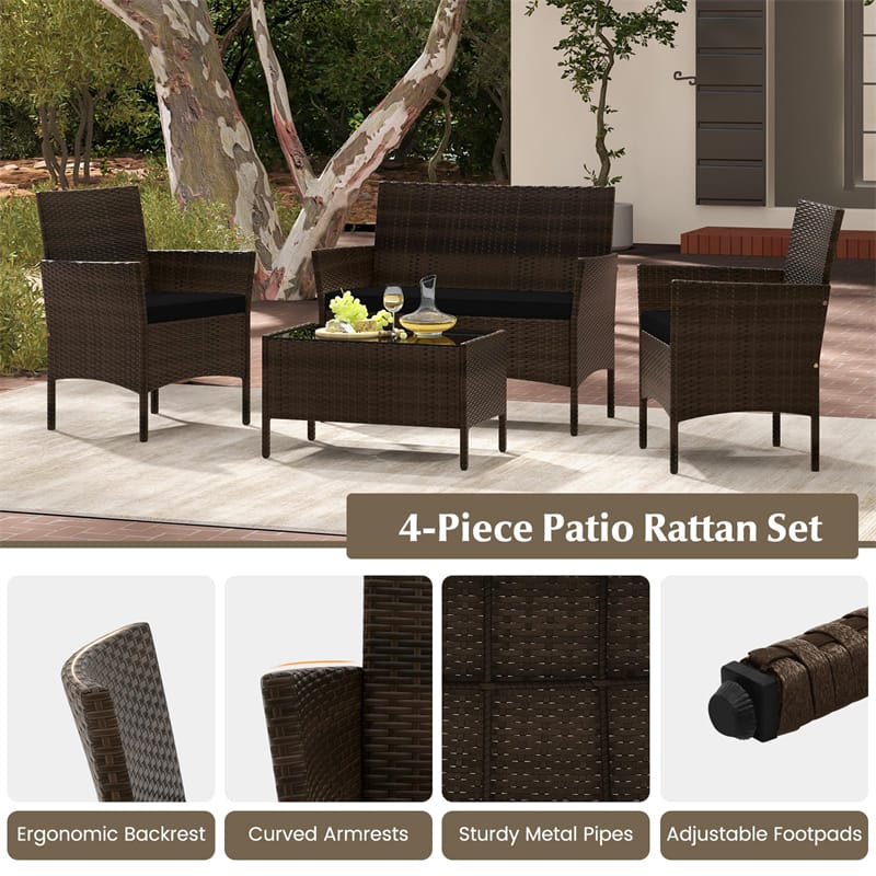 4PCS Patio Rattan Conversation Set Outdoor Garden Wicker Furniture Set with Loveseat Chair, Tempered Glass Coffee Table & Cushions