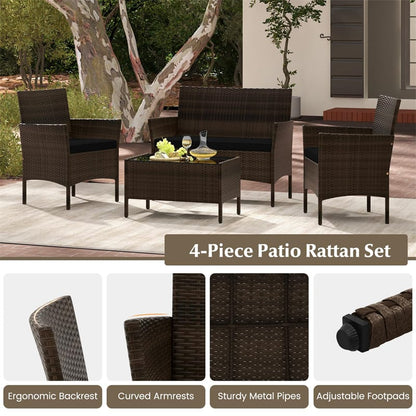 4PCS Patio Rattan Conversation Set Outdoor Garden Wicker Furniture Set with Loveseat Chair, Tempered Glass Coffee Table & Cushions