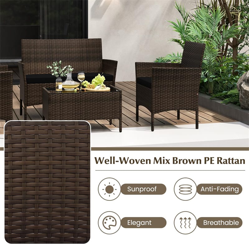 4PCS Patio Rattan Conversation Set Outdoor Garden Wicker Furniture Set with Loveseat Chair, Tempered Glass Coffee Table & Cushions