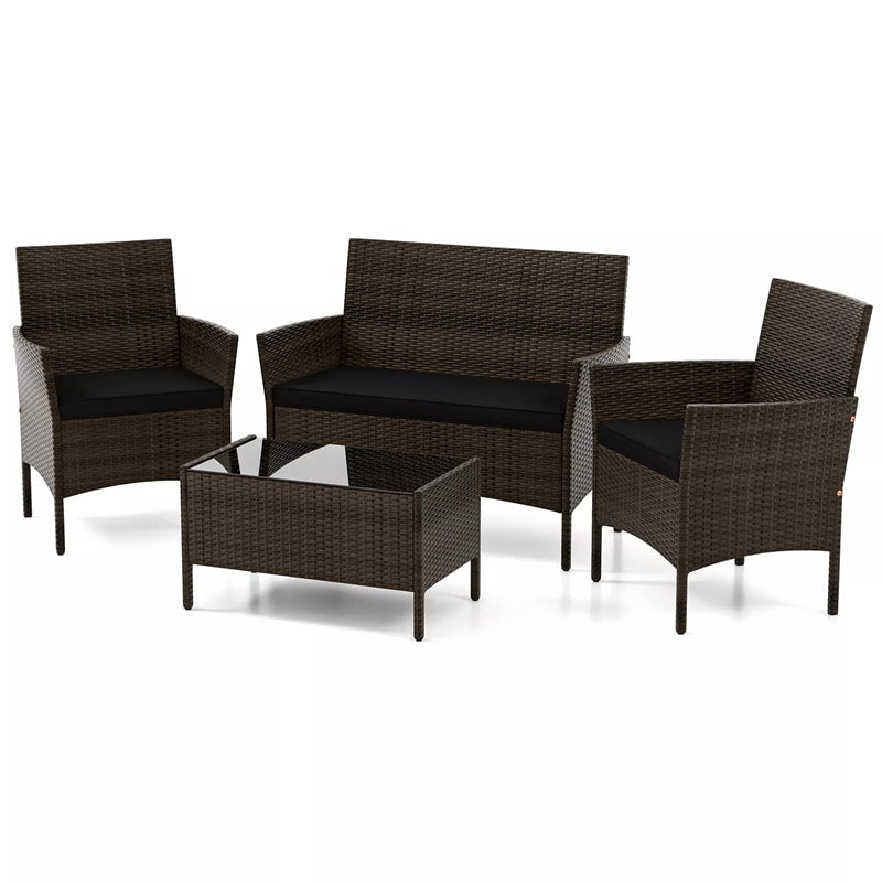 4PCS Patio Rattan Conversation Set Outdoor Garden Wicker Furniture Set with Loveseat Chair, Tempered Glass Coffee Table & Cushions