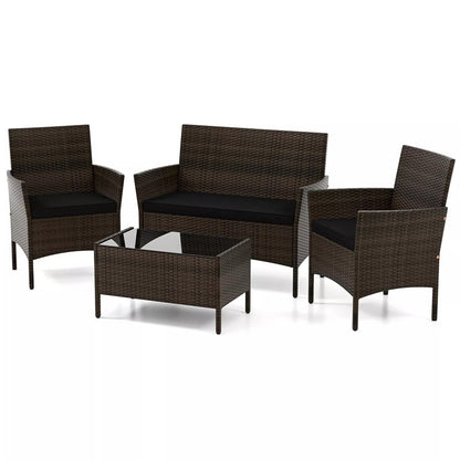 4PCS Patio Rattan Conversation Set Outdoor Garden Wicker Furniture Set with Loveseat Chair, Tempered Glass Coffee Table & Cushions