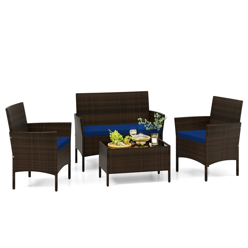 4PCS Patio Rattan Conversation Set Outdoor Garden Wicker Furniture Set with Loveseat Chair, Tempered Glass Coffee Table & Cushions