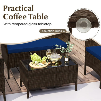 4PCS Patio Rattan Conversation Set Outdoor Garden Wicker Furniture Set with Loveseat Chair, Tempered Glass Coffee Table & Cushions