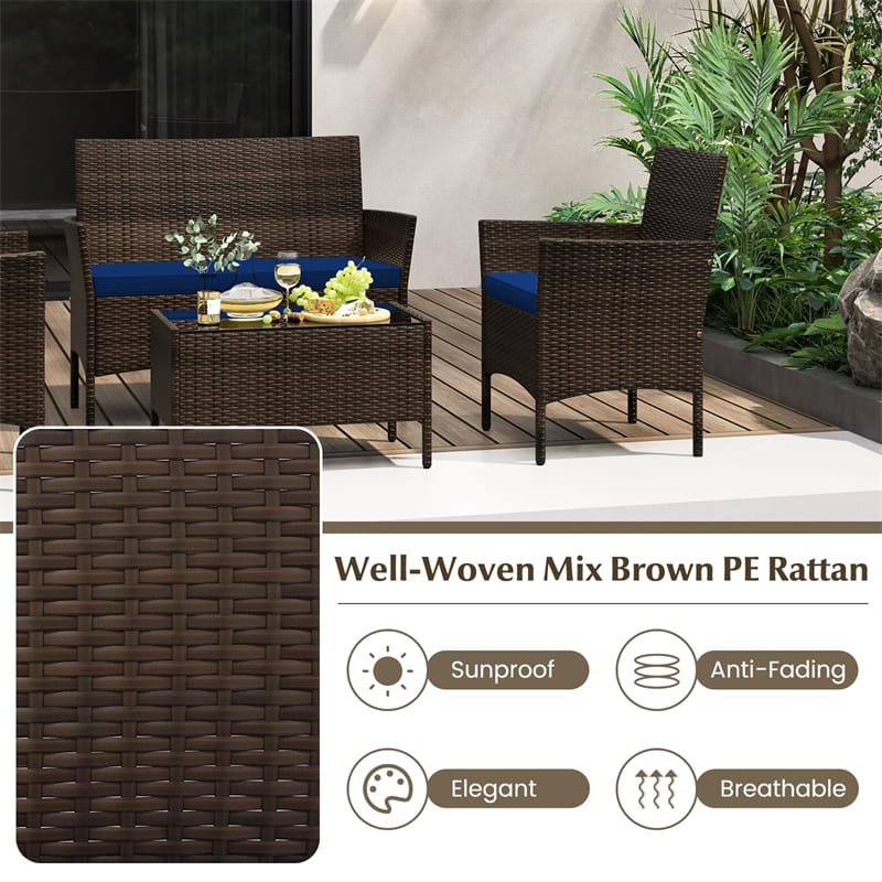 4PCS Patio Rattan Conversation Set Outdoor Garden Wicker Furniture Set with Loveseat Chair, Tempered Glass Coffee Table & Cushions