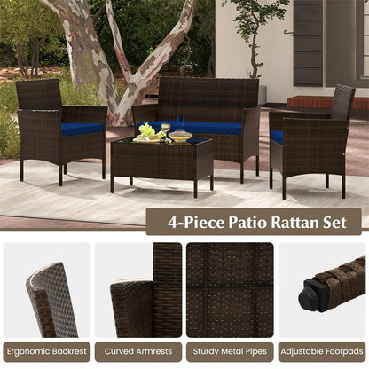 4PCS Patio Rattan Conversation Set Outdoor Garden Wicker Furniture Set with Loveseat Chair, Tempered Glass Coffee Table & Cushions