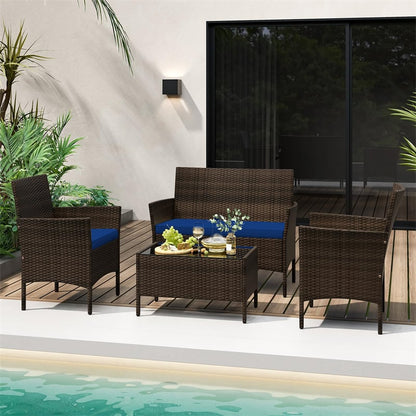 4PCS Patio Rattan Conversation Set Outdoor Garden Wicker Furniture Set with Loveseat Chair, Tempered Glass Coffee Table & Cushions