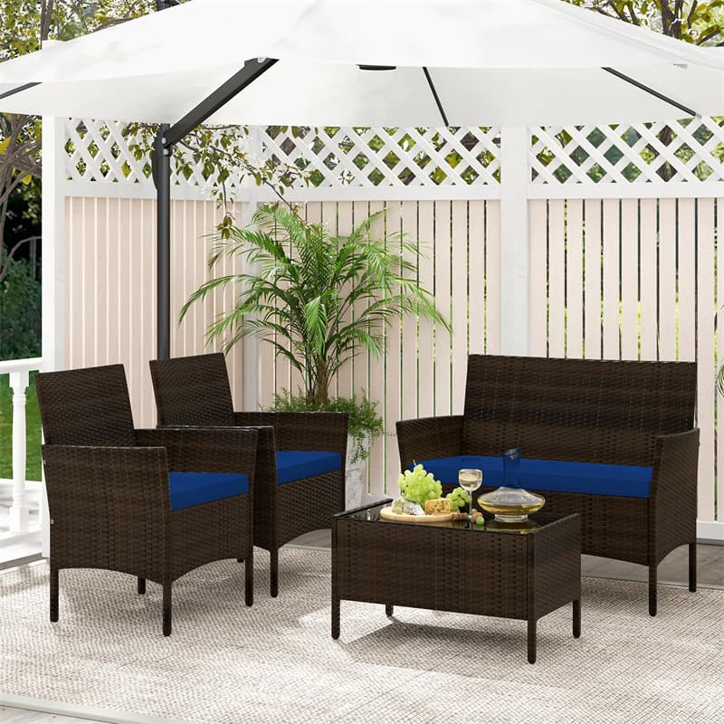 4PCS Patio Rattan Conversation Set Outdoor Garden Wicker Furniture Set with Loveseat Chair, Tempered Glass Coffee Table & Cushions