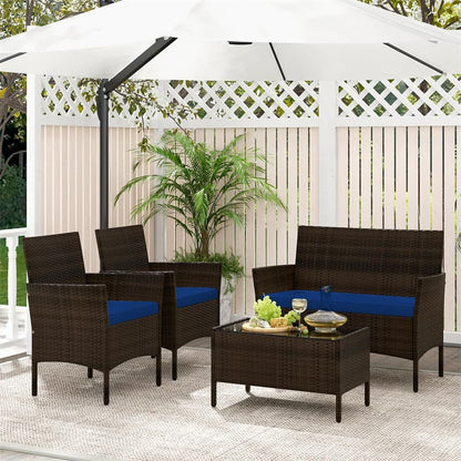 4PCS Patio Rattan Conversation Set Outdoor Garden Wicker Furniture Set with Loveseat Chair, Tempered Glass Coffee Table & Cushions