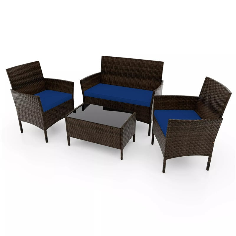 4PCS Patio Rattan Conversation Set Outdoor Garden Wicker Furniture Set with Loveseat Chair, Tempered Glass Coffee Table & Cushions