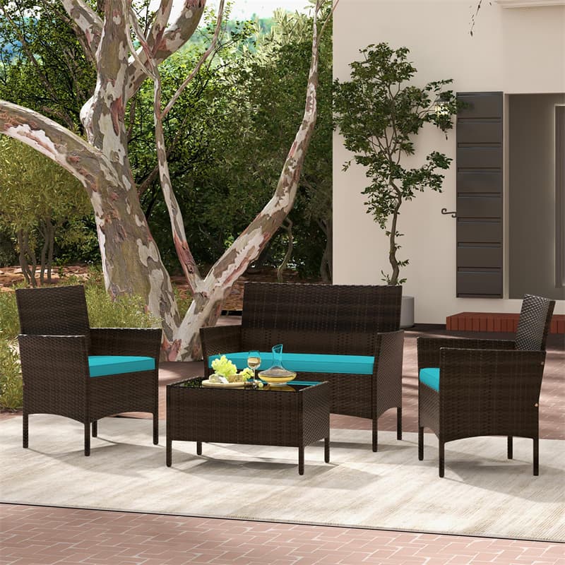 4PCS Patio Rattan Conversation Set Outdoor Garden Wicker Furniture Set with Loveseat Chair, Tempered Glass Coffee Table & Cushions