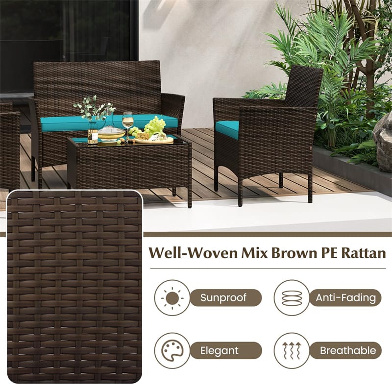 4PCS Patio Rattan Conversation Set Outdoor Garden Wicker Furniture Set with Loveseat Chair, Tempered Glass Coffee Table & Cushions