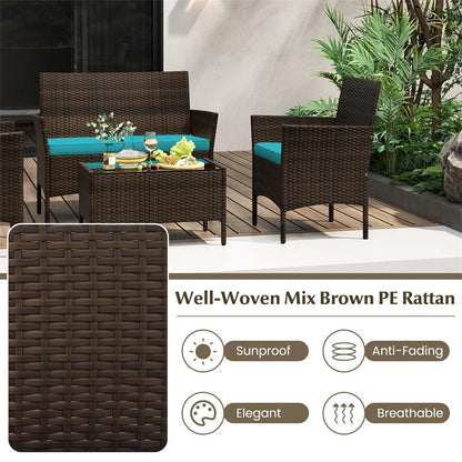 4PCS Patio Rattan Conversation Set Outdoor Garden Wicker Furniture Set with Loveseat Chair, Tempered Glass Coffee Table & Cushions