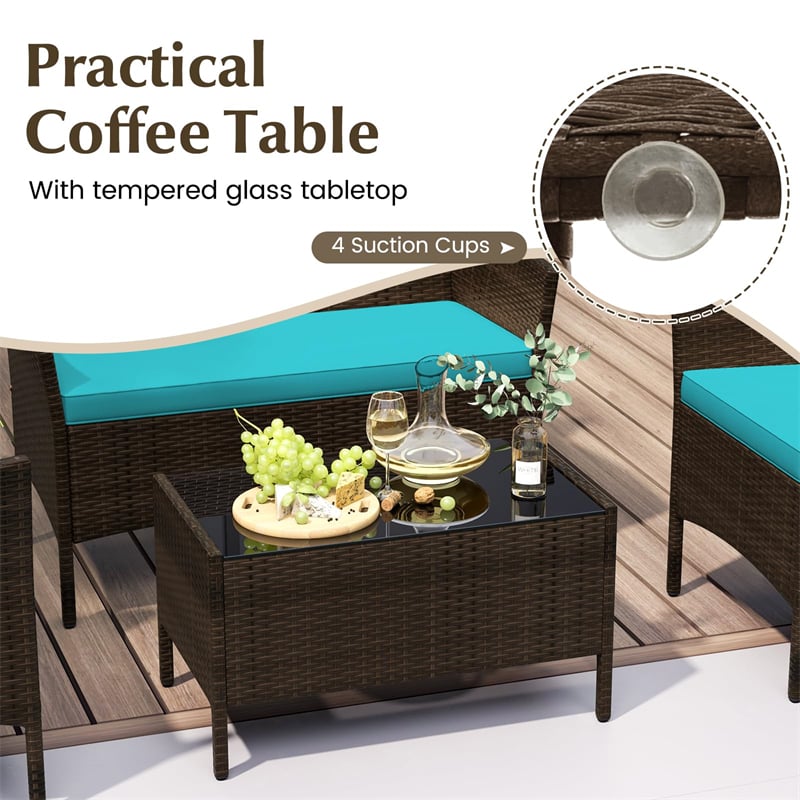 4PCS Patio Rattan Conversation Set Outdoor Garden Wicker Furniture Set with Loveseat Chair, Tempered Glass Coffee Table & Cushions