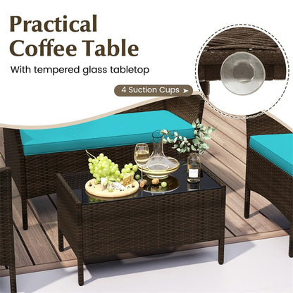 4PCS Patio Rattan Conversation Set Outdoor Garden Wicker Furniture Set with Loveseat Chair, Tempered Glass Coffee Table & Cushions