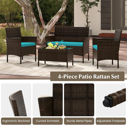 4PCS Patio Rattan Conversation Set Outdoor Garden Wicker Furniture Set with Loveseat Chair, Tempered Glass Coffee Table & Cushions