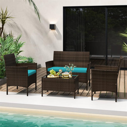 4PCS Patio Rattan Conversation Set Outdoor Garden Wicker Furniture Set with Loveseat Chair, Tempered Glass Coffee Table & Cushions