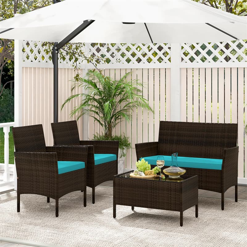 4PCS Patio Rattan Conversation Set Outdoor Garden Wicker Furniture Set with Loveseat Chair, Tempered Glass Coffee Table & Cushions