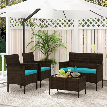 4PCS Patio Rattan Conversation Set Outdoor Garden Wicker Furniture Set with Loveseat Chair, Tempered Glass Coffee Table & Cushions