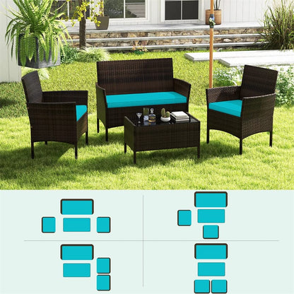 4PCS Patio Rattan Conversation Set Outdoor Garden Wicker Furniture Set with Loveseat Chair, Tempered Glass Coffee Table & Cushions