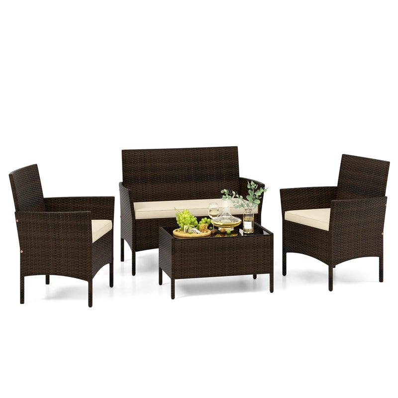 4PCS Patio Rattan Conversation Set Outdoor Garden Wicker Furniture Set with Loveseat Chair, Tempered Glass Coffee Table & Cushions