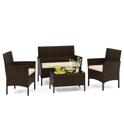 4PCS Patio Rattan Conversation Set Outdoor Garden Wicker Furniture Set with Loveseat Chair, Tempered Glass Coffee Table & Cushions