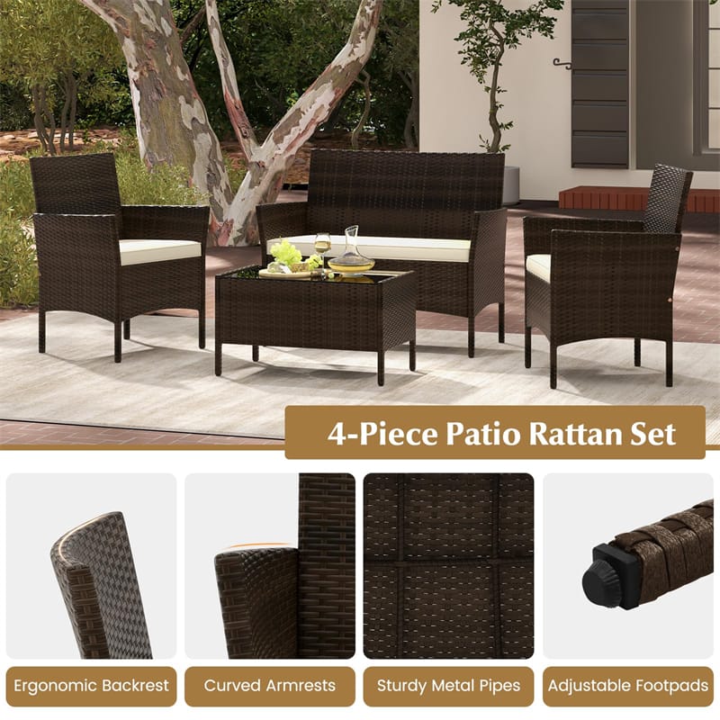 4PCS Patio Rattan Conversation Set Outdoor Garden Wicker Furniture Set with Loveseat Chair, Tempered Glass Coffee Table & Cushions